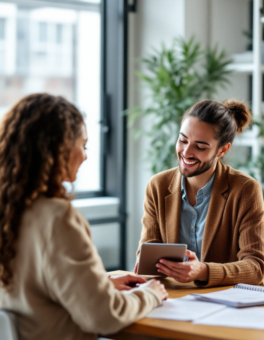 Therapist interacting with a client using a tablet